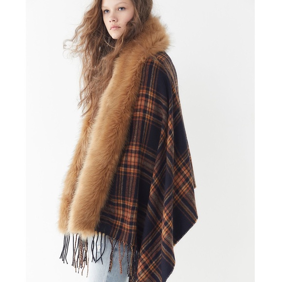 Urban Outfitters Accessories - New Urban Outfitters Faux-Fur Trimmed Plaid Poncho